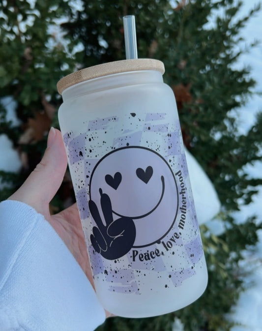 Peace, Love, Motherhood Smiley Face 16oz Glass Tumbler