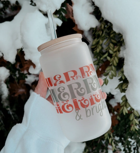 Merry & Bright 16oz Glass Tumbler