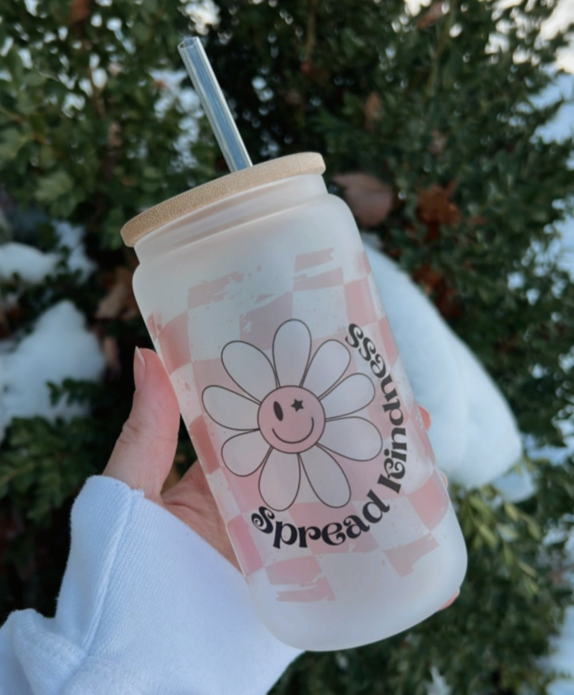 Spread Kindness Checkered Flower 16oz Glass Tumbler